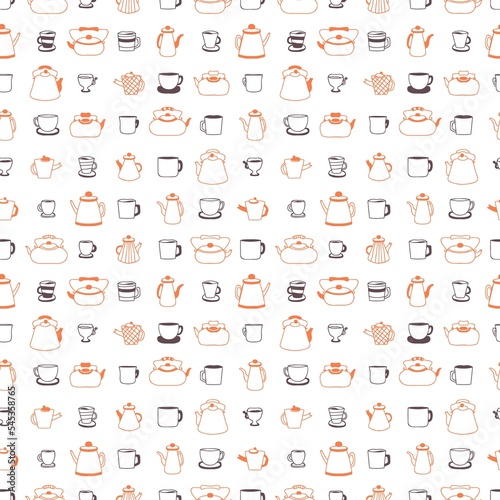 Doodle teapot, cups and mugs simple seamless pattern. Perfect print for kitchen towel, dishcloth, stationery, textile and fabric. Hand drawn retro illustration for decor and design.
