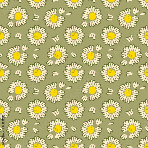 Aesthetic seamless pattern with daisies in hippie style. Simple floral print for T-shirt, poster, fabric, textile. Hand drawn illustration for decor and design.