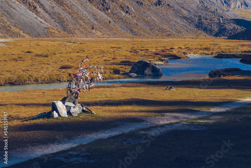 Belukha Mountain view from the Akkem lake. Mountain valley. Altai Mountains