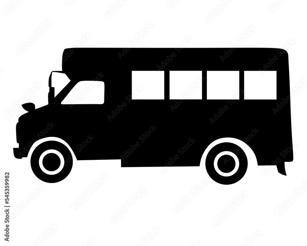 Vector of minibus, van, minivan, bus silhouette isolated on white background. Monochrome illustration of transportation. Travel and recreation.