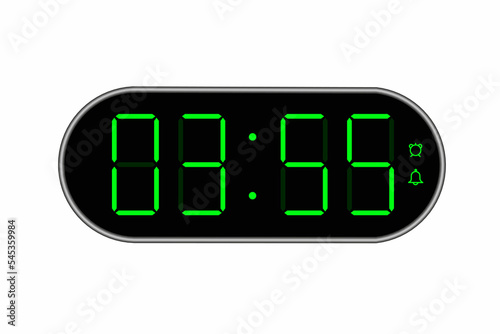 Vector flat illustration of a digital clock displaying 03.55 . Illustration of alarm with digital number design. Clock icon for hour, watch, alarm signs.