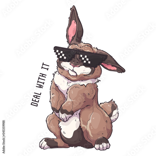 Cute rabbit with meme pixel glasses. Deal with it - lettering quote. Fluffy bunny for posters, postcards, t-shirt print. Vector hand drawn style illustration.
