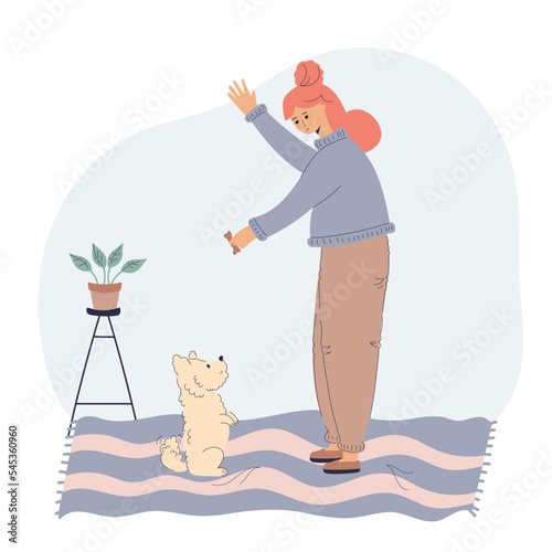 Illustration of a woman training a dog.The puppy listens to the command.The concept of love for pets and dog training