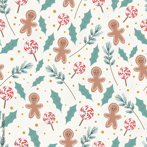 Seamless pattern with gingerbread men, fir branches and sweets.Design for gift wrapping paper, fabric, clothes, textile, wallpaper.