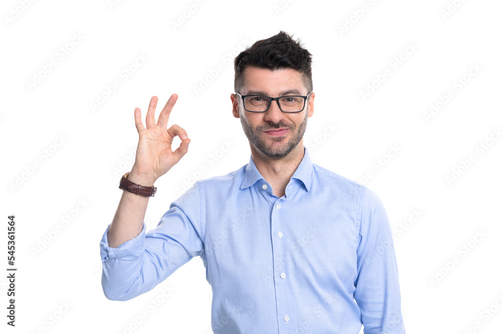 cheerful adult ceo man in glasses showing ok gesture. ceo man show ok isolated on white cheerful adult ceo man in glasses showing ok gesture. ceo man show ok isolated on white
