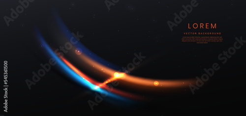 Abstract neon light curved orange and blue on black background.