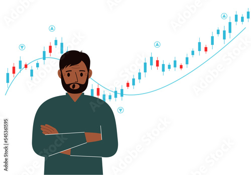 A man on the background of a Forex chart. Conceptual illustration on the topic of strategic planning in trading on the stock exchange.