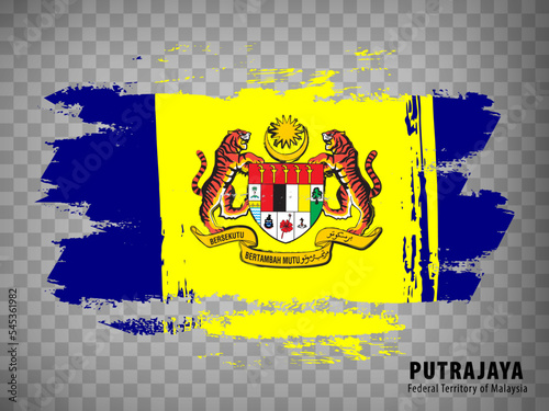 Flag of Putrajaya from brush strokes. Flag Federal Territory Putrajaya of Malaysia with title on transparent background for your web site design, app, UI. Vector illustration. EPS10