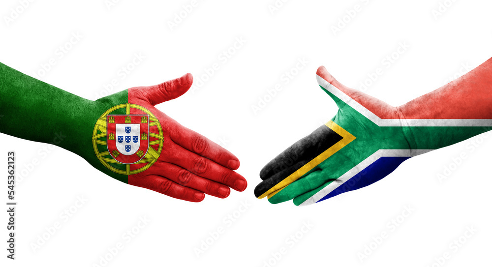 Handshake between South Africa and Portugal flags painted on hands, isolated transparent image. Handshake between South Africa and Portugal flags painted on hands, isolated transparent image.