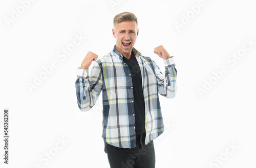 studio shot of happy grizzled guy. mature unshaven guy isolated on white background.