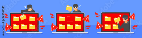 Hacker steal document folder icon from laptop screen. System warning alert to cyber threat or cybercrime concept. Data breach or file hacking. Flat cartoon vector icon. Technology illustration.