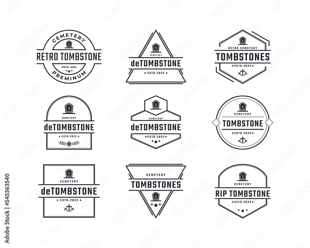 Obraz premium Vintage Retro Badge Emblem Tombstone Tomb Cemetery Logo Design Linear Style