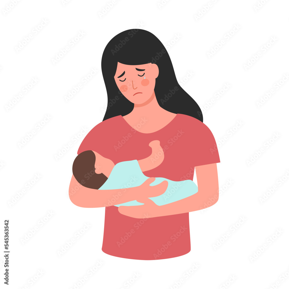 Postpartum depression concept vector illustration. Sad crying woman holding baby in flat design on white background.