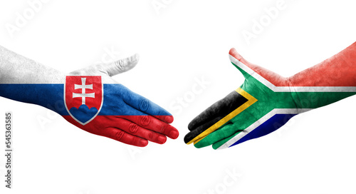 Handshake between South Africa and Slovakia flags painted on hands, isolated transparent image.