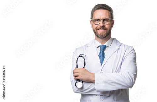 smiling physician with stethoscope. physician isolated on white. medical physician man