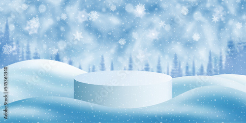 Product podium in a snowdrift against the backdrop of the winter sky, snowflakes and snowfall, Christmas sales