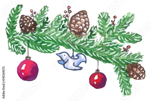 Christmas tree toys and balloons decorated with spruce branch and fir cone. Christmas decorative composition. Watercolor vector illustration isolated on white background