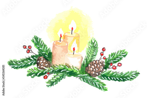 Three burning wax candles decorated with spruce branch and fir cone. Christmas decorative composition. Watercolor vector illustration isolated on white background