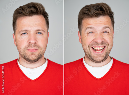 Mature man in red clothes. Two photos with correct emotion and not.