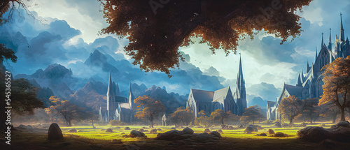 Artistic concept illustration of a beautiful church on the hill, background illustration.