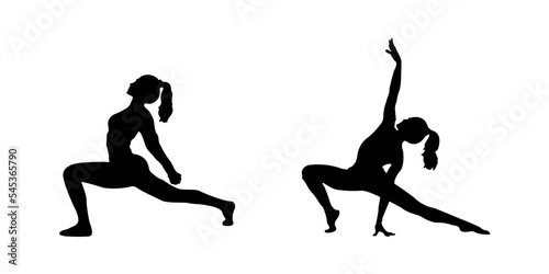 Slim sportive young woman doing yoga exercises. Interest sportswear. Vector silhouette illustration design isolated on white background for t-shirt graphics, icons, posters, print