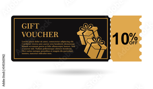 Golden gift voucher 10% off. discount gift voucher 10% sale for website, internet ads, social media. Discount gift voucher, beautiful design. vector illustration 