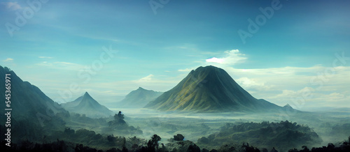 Gorgeous view of green mountain with blue sky background. 3D illustration