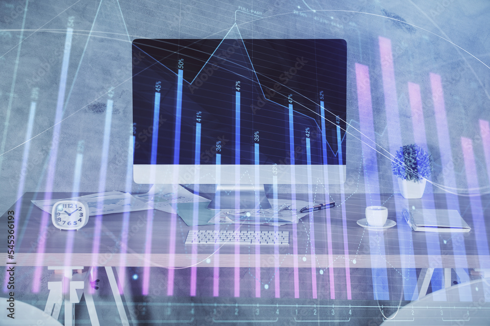 Multi exposure of financial graph drawing and office interior background. Concept of market analysis. Multi exposure of financial graph drawing and office interior background. Concept of market analysis.