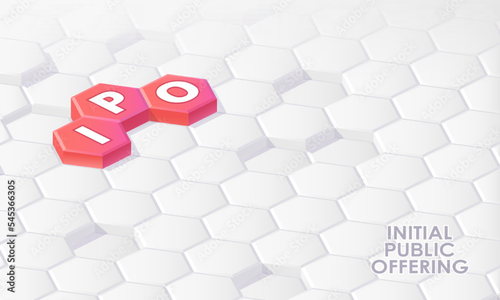 Three white letters I.P.O. on red hexagons between gray ones. Isometric IPO initial public offering concept. Three white letters I.P.O. on red hexagons between gray ones. Isometric IPO initial public offering concept.