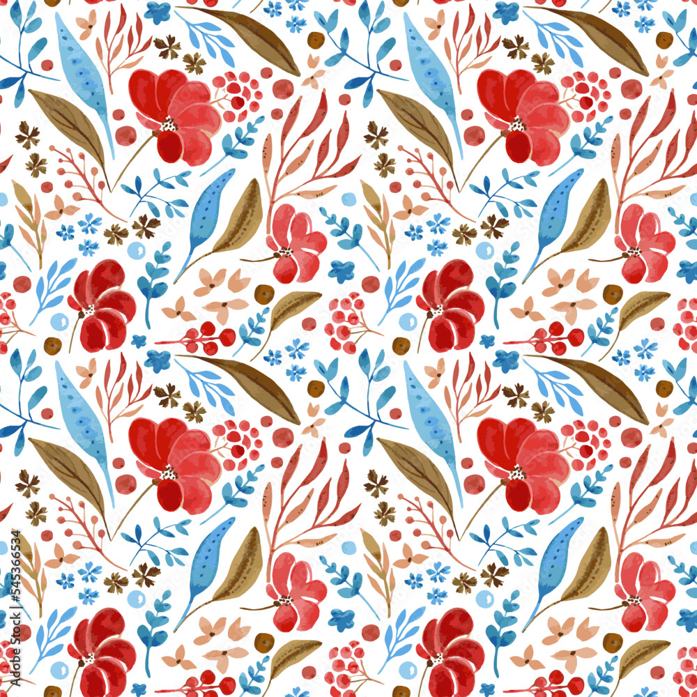 Vector floral pattern on a transparent background. Red, blue and brown elements. Fantasy flowers, twigs, leaves. Vector floral pattern on a transparent background. Red, blue and brown elements. Fantasy flowers, twigs, leaves.