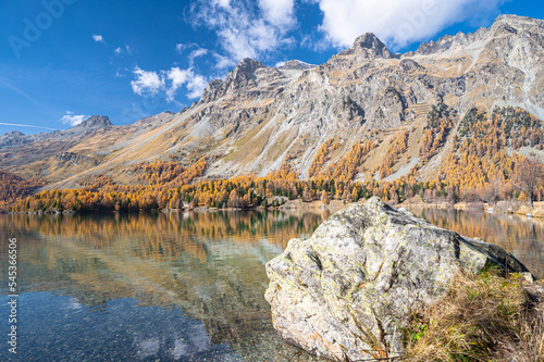 Lake Sils in autumn. A lake in the Upper Engadine valley, Grisons, Switzerland.
