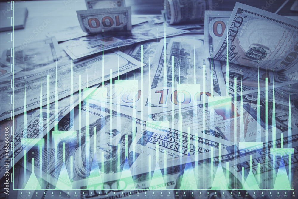 Multi exposure of forex chart drawing over us dollars bill background. Concept of financial success markets. Multi exposure of forex chart drawing over us dollars bill background. Concept of financial success markets.