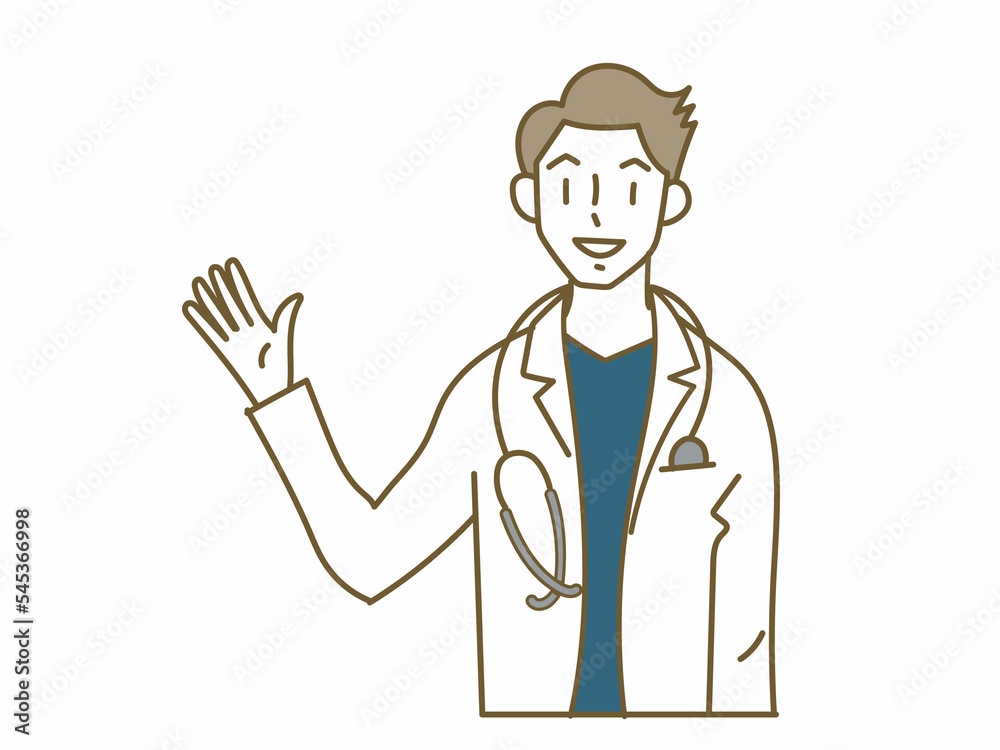 片手を上げて説明するスクラブに白衣を羽織った若い男性医師