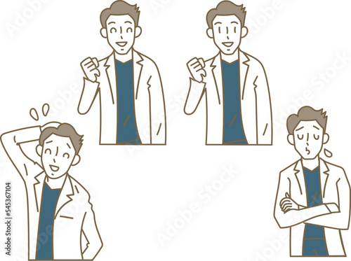 スクラブに白衣を羽織った若い男性医師の表情パターンのイラスト素材セット