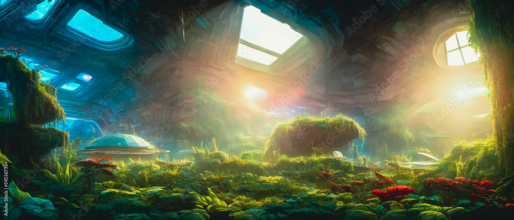 Artistic concept illustration of an abandoned space station overgrown with vegetation, empty room, background illustration.