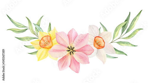 Floral bouquet. Watercolor pink tulip, yellow and white daffodles ornament. Hand drawn spring illustration. Decorative design elements.