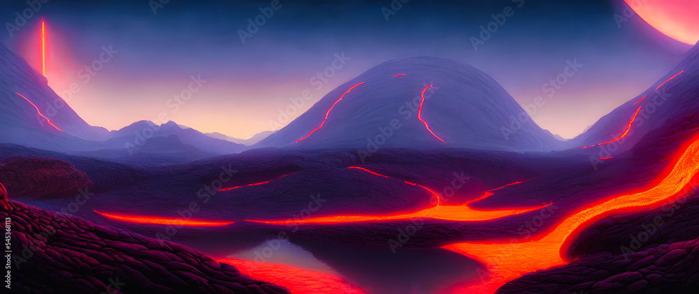 Artistic concept illustration of a burning lava landscape, background illustration.