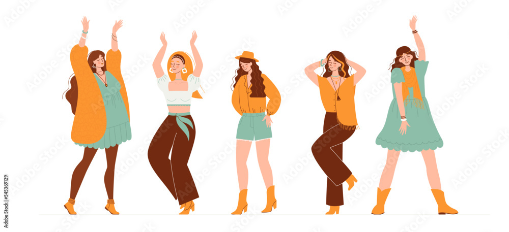Set of Women in boho outfit. Modern boho collection with boho outfits for clothes design. Summer style. Hippie style. Elegant, modern style. Set of Women in boho outfit. Modern boho collection with boho outfits for clothes design. Summer style. Hippie style. Elegant, modern style.