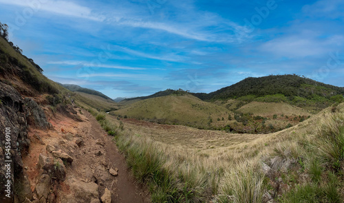 Way through Horton plateau surrounded by mountains in Sri Lanka landscape 