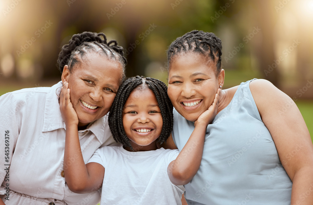 Mother, grandmother and child bonding in nature park, environment