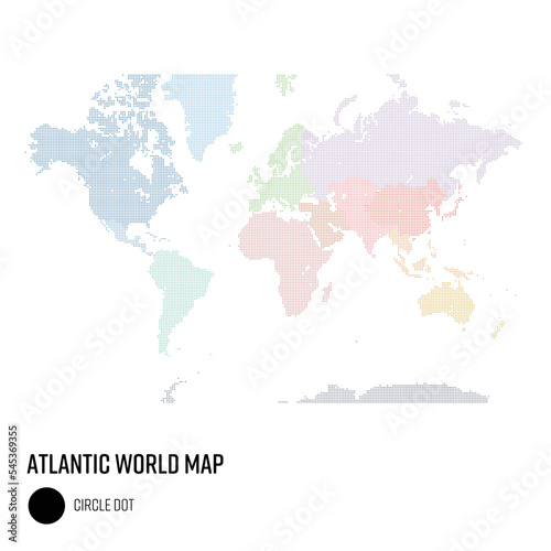 世界地図ドット 太西洋を中心とした世界 地域別にグループ