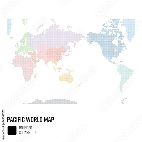 世界地図ドット 太平洋を中心とした世界 地域別にグループ