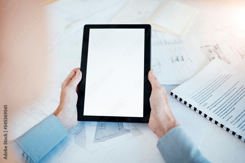 Architecture, tablet mockup in hands of architect, business and blueprint plan with construction paperwork and technology. Digital, connection and building document with planning and engineering.