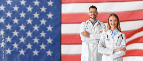 Portrait of doctors against USA flag