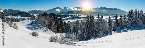 Panorama Landschaft im Allgäu mit Bergkette der Alpen im Winter © Wolfilser