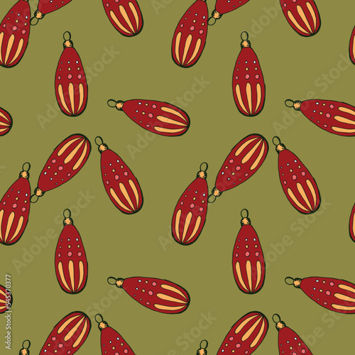 Christmas and Happy New Year seamless pattern with Christmas balls and gifts. Trendy retro style. Vector design template.
