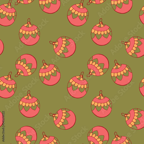Christmas and Happy New Year seamless pattern with Christmas balls and gifts. Trendy retro style. Vector design template.
