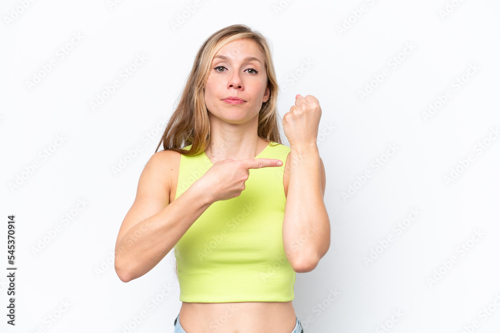 Young caucasian woman isolated on white background making the gesture of being late Young caucasian woman isolated on white background making the gesture of being late