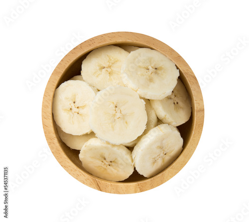 Banana slice in wood bowl isolated on transparent png