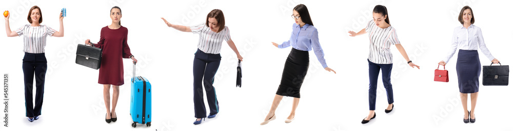 Group of young businesswomen on white background. Concept of balance Group of young businesswomen on white background. Concept of balance